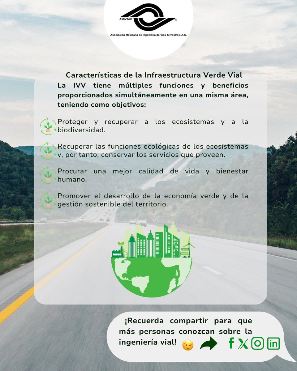 AMIVTACmx's tweet photo. 🌱 Infraestructura Verde Vial (IVV): un modelo que protege la biodiversidad, recupera funciones ecológicas y promueve el bienestar social y económico.
🚦 Conectamos el presente con un futuro sostenible.
#InfraestructuraVerdeVial #Bienestar #QueSignifica #AMIVTAC https://t.co/xtDtMuPm8X