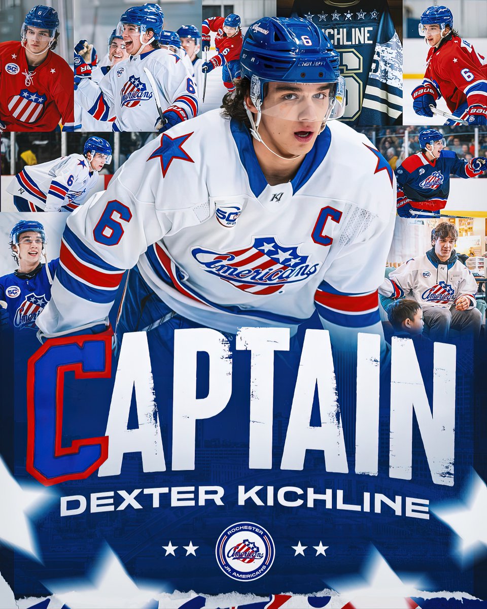 JrAmerksNAHL's tweet photo. BREAKING: Jr. Americans announce Dexter Kichline as the third captain in team history. 

Kichline has been a vocal leader in the locker room and in the community. He sets an example for others. It’s always a team first mentality.

Raised in Vegas. Made in Rochester. Congrats Dex! https://t.co/vjMkBoK4m8