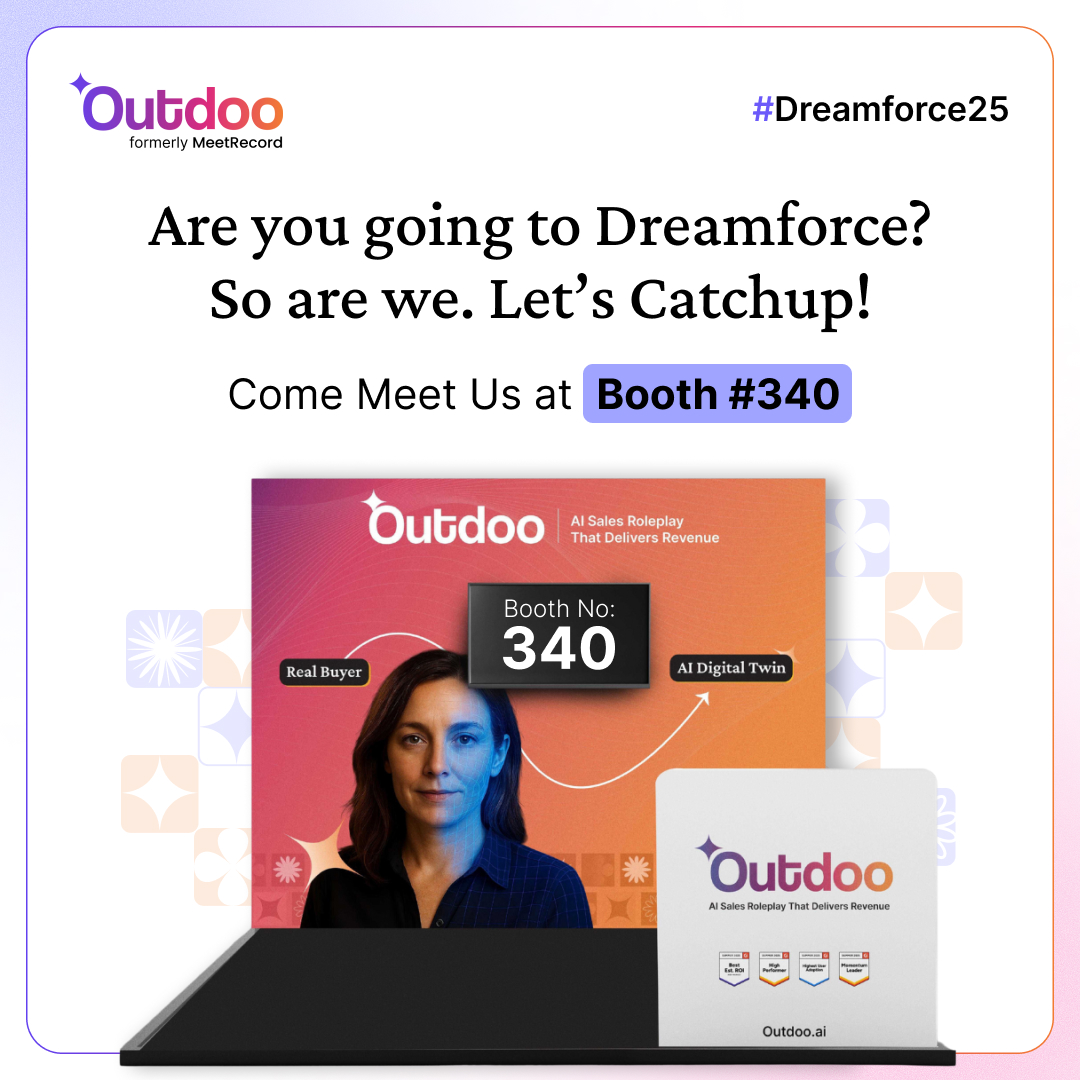 ✨ <a href="/OutdooAI/">Outdoo AI</a>  is here and we’re bringing it to #Dreamforce2025!

🚀 From AI Sales Roleplay to Revenue Intelligence, we’re redefining how teams prepare, perform &amp; grow.

📍 Booth 340 | Oct 14–16, San Francisco

#OutdooAI #AISalesCoaching
