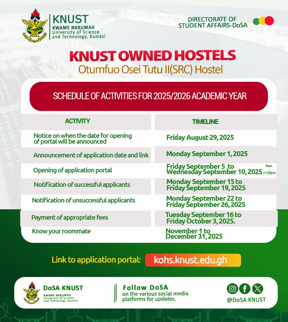 DoSA_KNUST's tweet photo. For the attention of all undergraduate students, guardians and the University community.

The portal opens tomorrow God willing at 9:00am.

@KNUSTGH @knust_src @Thevokofficial @watsuptek @KNUST_Live @KNUSTNotice https://t.co/3iMeaNzqZ6