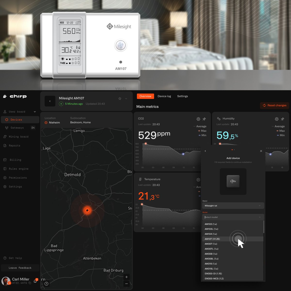 IoT is powered by small sensors that quietly make everyday life easier. Many of them use LoRa – a long-range, low-power technology supported by brands worldwide.

Take the Milesight AM107 Indoor Air Quality Sensor:
it measures CO₂, temperature, and humidity.
Connected to Chirp,