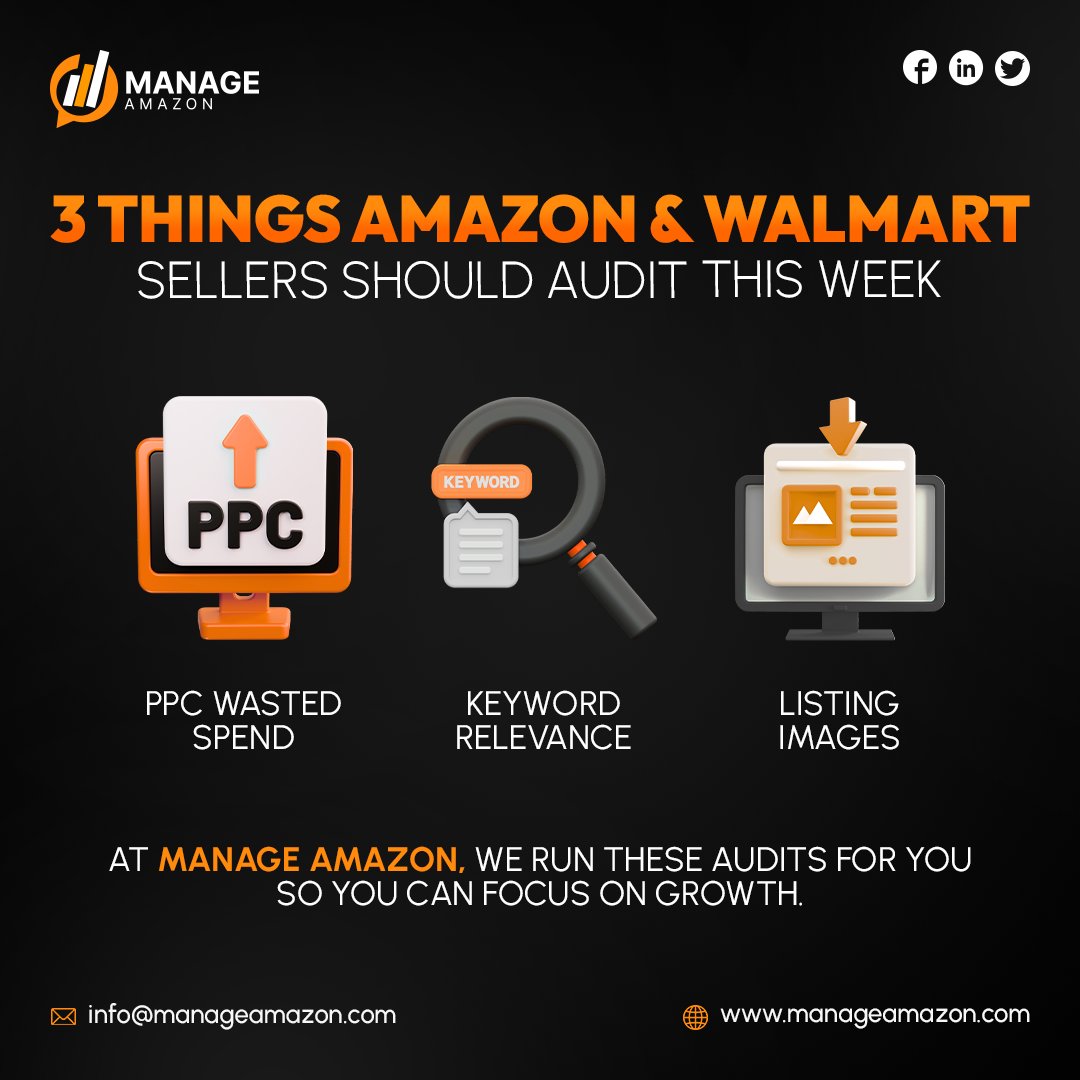 manageamazon's tweet image. 3 Quick Audits Every Amazon &amp;amp; Walmart Seller Must Do:
✅ Check PPC wasted spend
✅ Reassess keyword relevance
✅ Refresh listing images
Small tweaks = big sales gains!
DM Us to optimize your store. manageamazon.com #AmazonSellers #ecommercestore #amazonfba #walmart