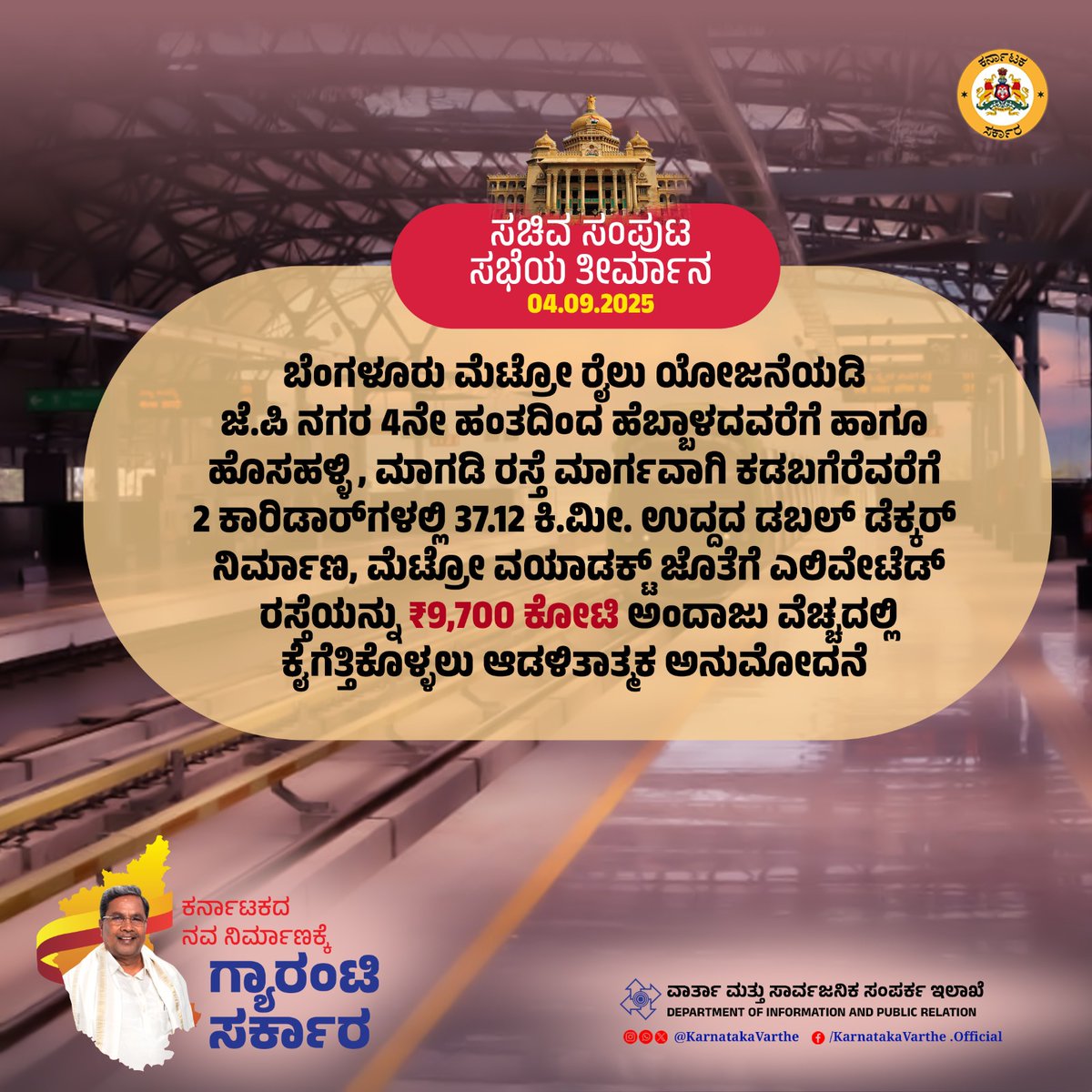 KarnatakaVarthe's tweet photo. ತನ್ನ ಉತ್ಕೃಷ್ಟ ದರ್ಜೆಯ ಸೇವೆ ಮತ್ತು ಸೌಲಭ್ಯಕ್ಕೆ ಹೆಸರುವಾಸಿಯಾಗಿರುವ ನಮ್ಮ ಮೆಟ್ರೋ ಬೆಂಗಳೂರಿಗರ ಸಂಚಾರ ಜೀವನಾಡಿಯಾಗಿದೆ. ನಗರದ ಕೊನೆಯ ಮೈಲಿವರೆಗೂ ಸಂಪರ್ಕ ಕಲ್ಪಿಸುವುದು ನಮ್ಮ ಗುರಿಯಾಗಿದ್ದು, ಮೆಟ್ರೋ ಜಾಲ ವಿಸ್ತರಣೆಗೆ ನಮ್ಮ ಸರ್ಕಾರ ಕಟಿಬದ್ಧವಾಗಿದೆ.

ಈ ನಿಟ್ಟಿನಲ್ಲಿ ಬೆಂಗಳೂರು ಮೆಟ್ರೋ ರೈಲು ಯೋಜನೆಯಡಿ ಜೆ.ಪಿ ನಗರ 4ನೇ ಹಂತದಿಂದ ಹೆಬ್ಬಾಳದವರೆಗೆ ಹಾಗೂ ಹೊಸಹಳ್ಳಿ, ಮಾಗಡಿ ರಸ್ತೆ ಮಾರ್ಗವಾಗಿ ಕಡಬಗೆರೆವರೆಗೆ 2 ಕಾರಿಡಾರ್‌ಗಳಲ್ಲಿ 37.12 ಕಿ.ಮೀ. ಉದ್ದದ ಡಬಲ್‌ ಡೆಕ್ಕರ್‌ ನಿರ್ಮಾಣ, ಮೆಟ್ರೋ ವಯಾಡಕ್ಟ್‌ ಜೊತೆಗೆ ಎಲಿವೇಟೆಡ್‌ ರಸ್ತೆಯನ್ನು ₹9,700 ಕೋಟಿ ಅಂದಾಜು ವೆಚ್ಚದಲ್ಲಿ ಕೈಗೆತ್ತಿಕೊಳ್ಳಲು ಇಂದು ಮುಖ್ಯಮಂತ್ರಿ ಸಿದ್ದರಾಮಯ್ಯ ಅವರ ಅಧ್ಯಕ್ಷತೆಯಲ್ಲಿ ನಡೆದ ಸಚಿವ ಸಂಪುಟ ಸಭೆಯು ಆಡಳಿತಾತ್ಮಕ ಅನುಮೋದನೆ ನೀಡಿದೆ.