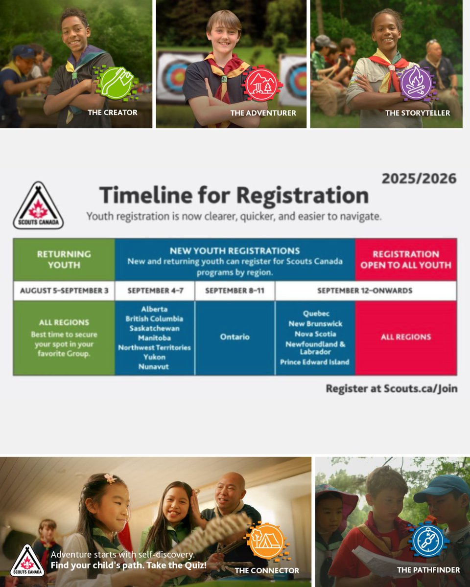 scoutscanada's tweet photo. 🌲 Ditch the screens. Join the adventure! 🌟

🗓 New Youth:
• Sept 4–7: AB, BC, SK, MB, NWT, YK, NU
• Sept 8–11: ON
• Sept 12+: QC, NB, NS, NL, PEI

👉 Register now: https://t.co/v736Lpcaho

#ScoutsCanada #JoinTheAdventure https://t.co/VkNO3FC7VR