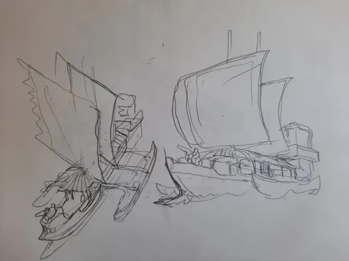 Also, here is a selection of drawings I made for Artyom, thinking about future pirate ships of the far future caribbean - hard not to love a good set of outriggers