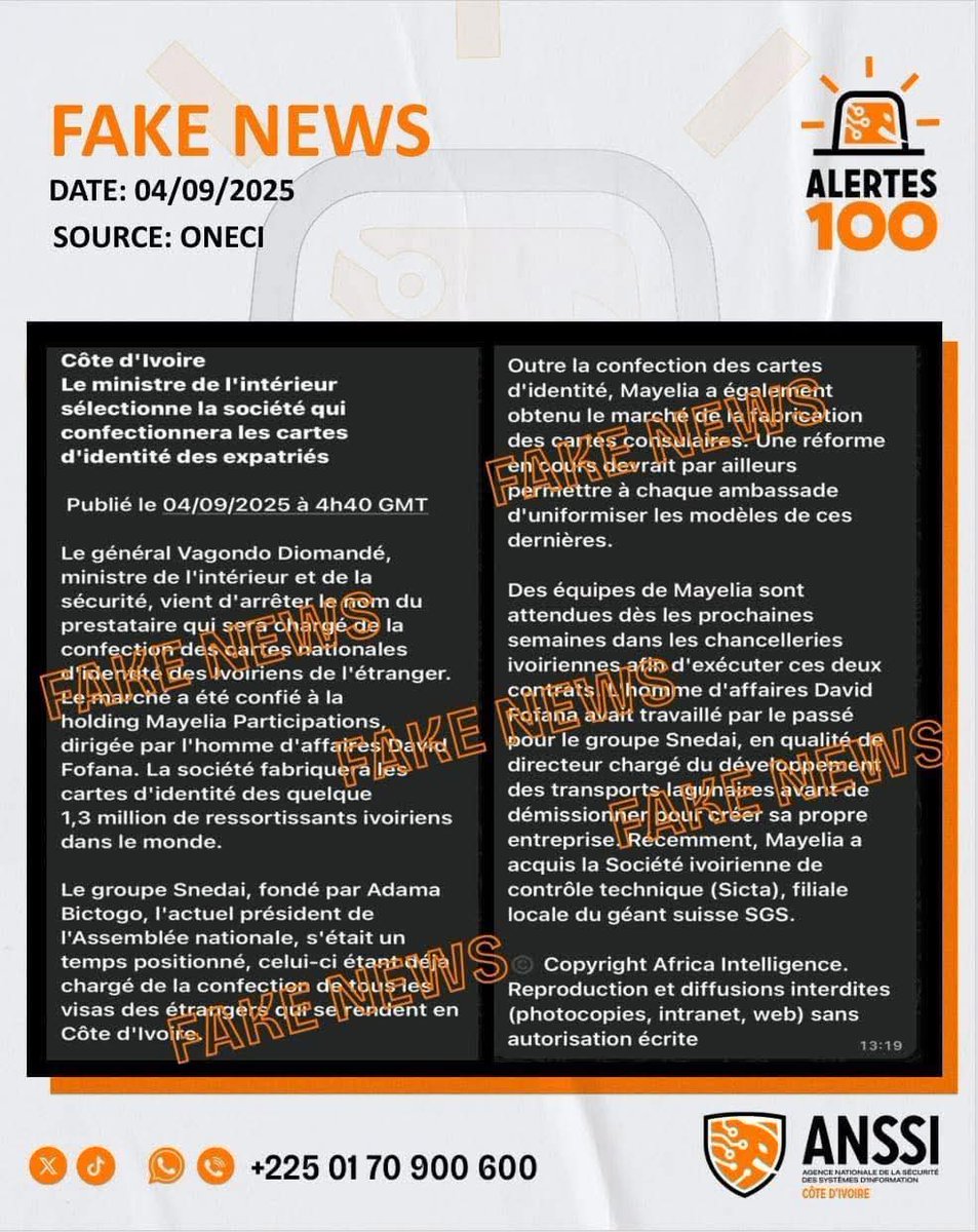 #fakenews
 
Un article contenant des fausses informations laissant entendre qu’un contrat aurait été signé par les autorités ivoiriennes pour la confection des cartes nationales d’identité, circule actuellement, sur les réseaux sociaux et via les messageries instantanées. 

Le