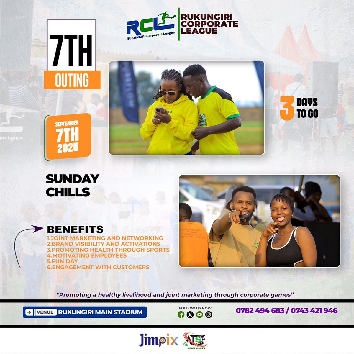 *RCL ALERT*
3 days to RCL Sunday 
🗓 07/09/2025
🏟 Rukungiri Main Stadium 
 ✅ Free entry for the general public 
#RukungiriCorporateLeague2025