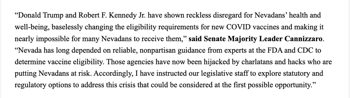 Donald Trump and Robert F. Kennedy Jr. are playing a reckless game with Nevadans' health by blocking access to the updated COVID vaccine. Accordingly, I've instructed our legislative staff to explore statutory and regulatory options to address the issue. 

My full statement: