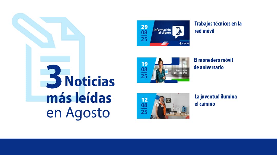 📌 Recién concluye agosto y queremos compartir contigo las noticias más leídas 👀 por los usuarios 👥.
📍 Por si no pudiste leerlas 💻, te dejamos el enlace a nuestra web 😉👇
etecsa.cu/es/noticias