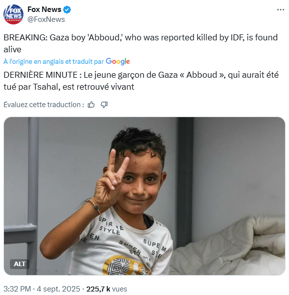 CohenJulien's tweet photo. Vous vous souvenez de Abboud, petit garçon gazaoui qui aurait été tué à Gaza par Israel lors d'une distribution alimentaire du GHF, d'après un "témoignage" qui avait été repris partout (politiques, médias, etc...) ?  

Miracle ! Il est vivant et en bonne santé… https://t.co/Uyix6gifU7