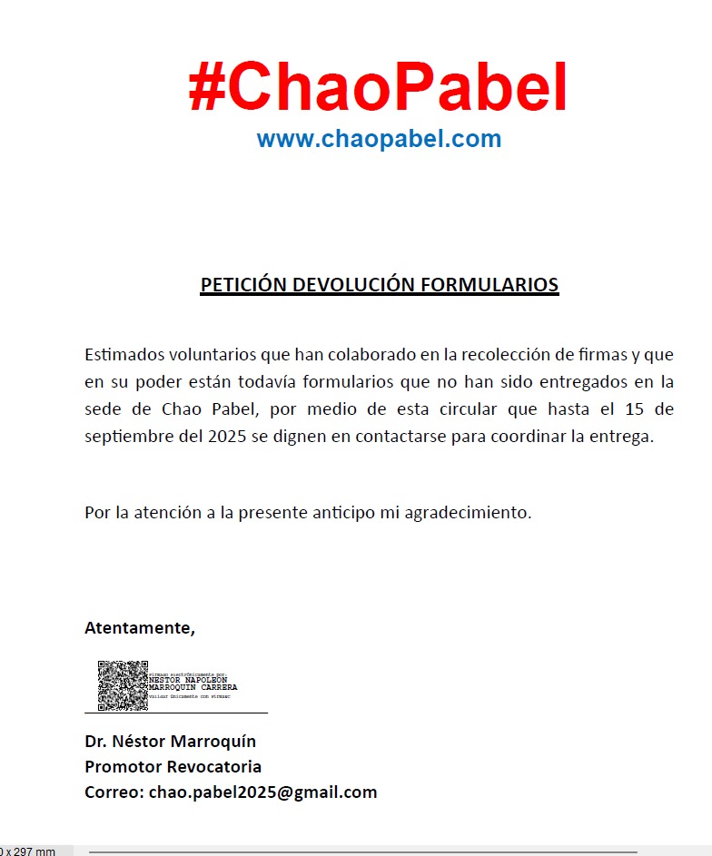 #ChaoPabel
#QuitoSinAlcalde

¡Atención! En este mes vamos a preparar los formularios del proceso de revocatoria de mandato de <a href="/pabelml/">Pabel Muñoz L.</a>

¡La revocatoria continúa!

Agradeciendo a los ciudadanos que nos ha colaborado, enviamos este comunicado para recuperar los formularios.