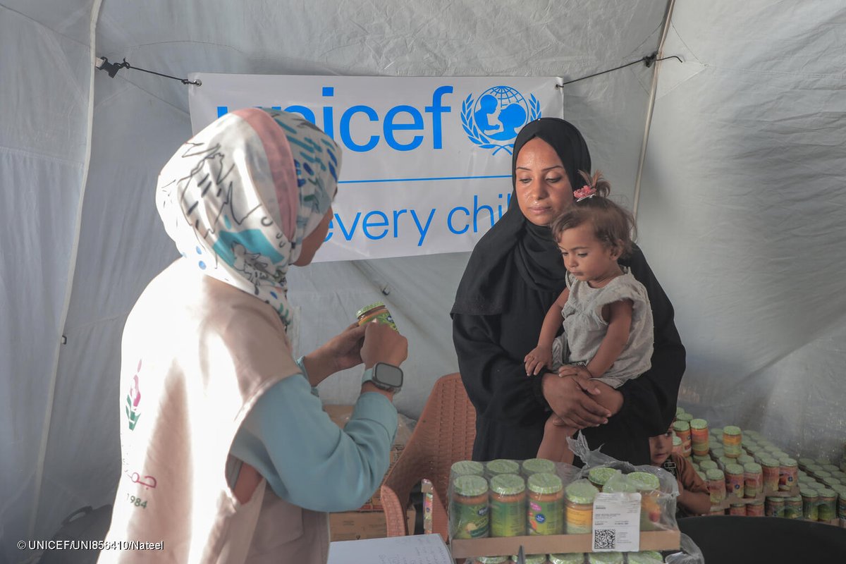 UN's tweet photo. Every child in Gaza under the age of five —more than 320,000— is at risk of acute malnutrition.

@UNICEF is on the ground delivering life-saving nutrition supplies.

But with famine likely to spread, children urgently need a massive scale-up of humanitarian aid. https://t.co/xo1I4Jz1qq