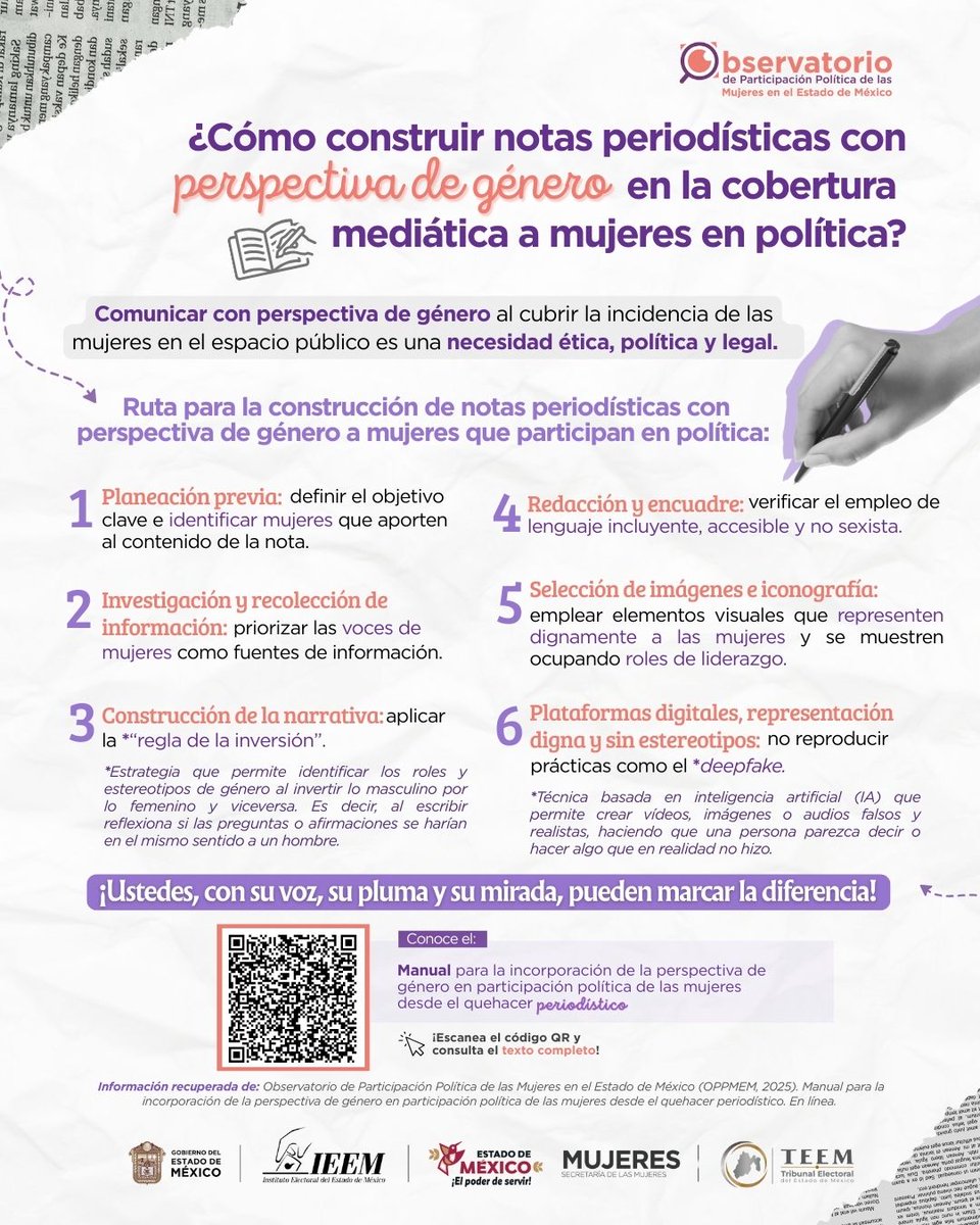 ¿Quieres conocer cómo construir notas periodísticas con perspectiva de género?
 
¡Consulta el “Manual para la incorporación de la perspectiva de género en participación política de las mujeres desde el quehacer periodístico”!

Disponible en: bit.ly/3UkJAnG