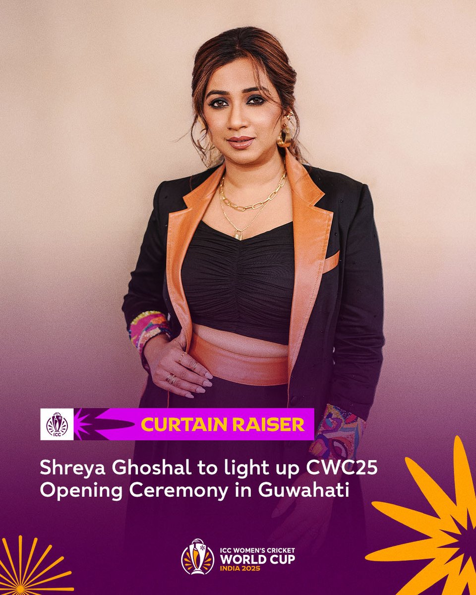 Exciting news 🤩

India’s musical pride <a href="/shreyaghoshal/">Shreya Ghoshal</a> will get Guwahati grooving at the <a href="/cricketworldcup/">ICC Cricket World Cup</a> Grand Opening Ceremony ahead of the tournament opener between <a href="/BCCI/">BCCI</a> and <a href="/OfficialSLC/">Sri Lanka Cricket 🇱🇰</a> on September 30 🎶

Details 👉 icc-cricket.com/tournaments/wo…