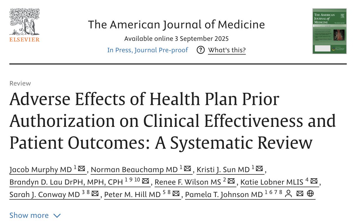 Hot off the press in <a href="/amjmed/">American Journal of Medicine</a> - systematic review of investigations that evaluated associations between health plan prior authorization (PA) and patient harm. "Negative consequences of PA were detailed in 25 research investigations...Patients with asthma, epilepsy, inflammatory