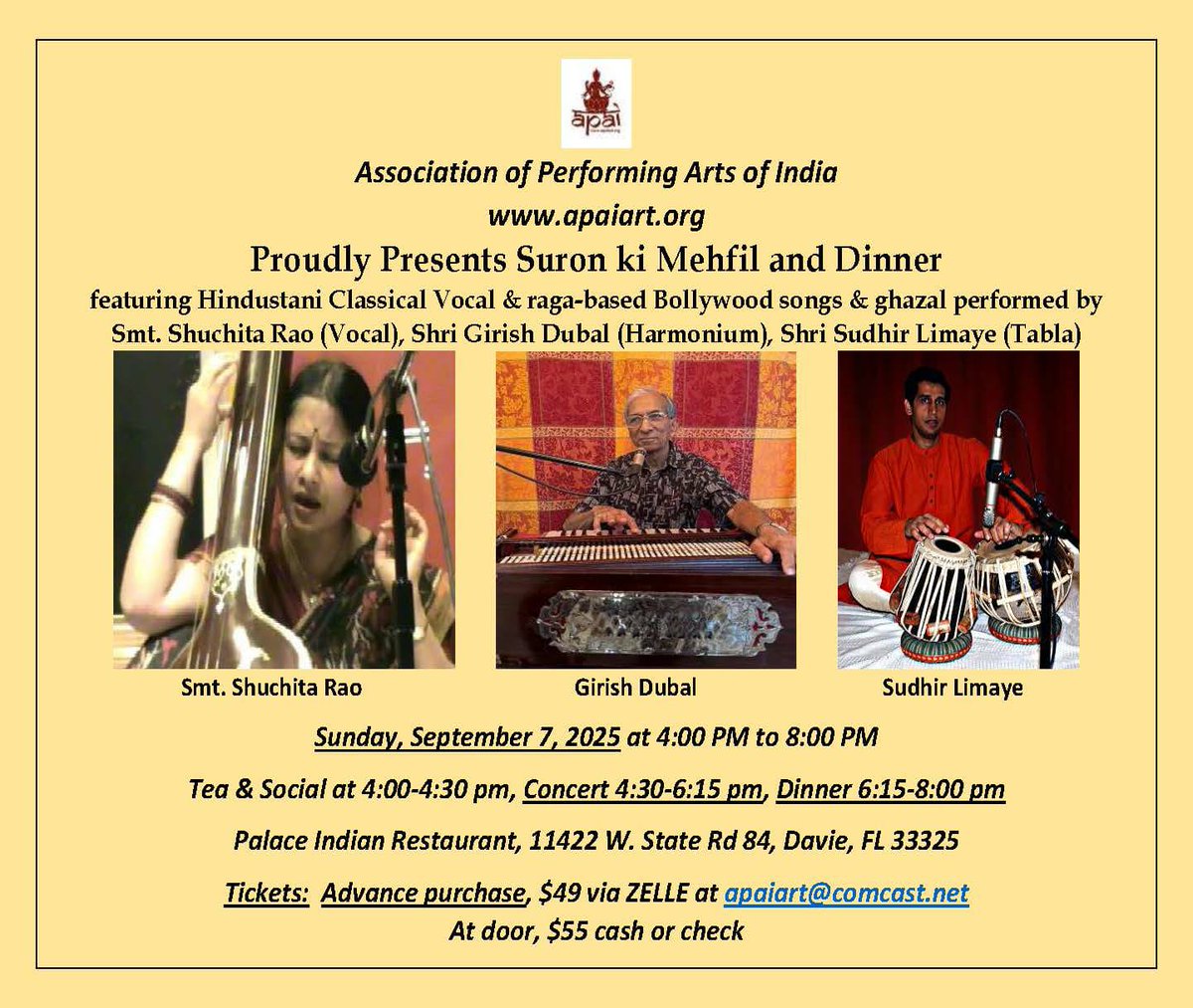 apaiart's tweet photo. Only 3 Days Left!
Suron ki Mehfil and Dinner
Date:  Sunday, September 7, 2025
Time:  4-8 PM
Location:  Palace India Restaurant, 11422 W. State Road 84, Davie, FL 33325
Tickets:  Advance purchase $49 via Zelle at apaiart@comcast.net, or $55 cash or check at the door https://t.co/BLuXkJ1zFk