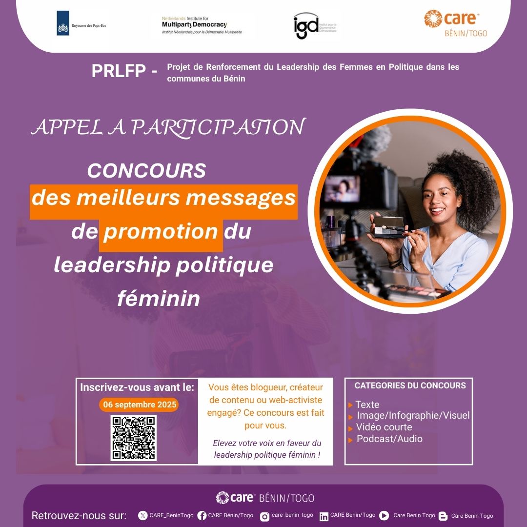 Et si votre plume, votre voix ou vos créations visuelles pouvaient changer la donne pour le leadership politique féminin ?

Le Projet de Renforcement du Leadership des Femmes en Politique (PRLFP) mis en œuvre par le consortium NIMD(Institut Néerlandais pour la Démocratie),
