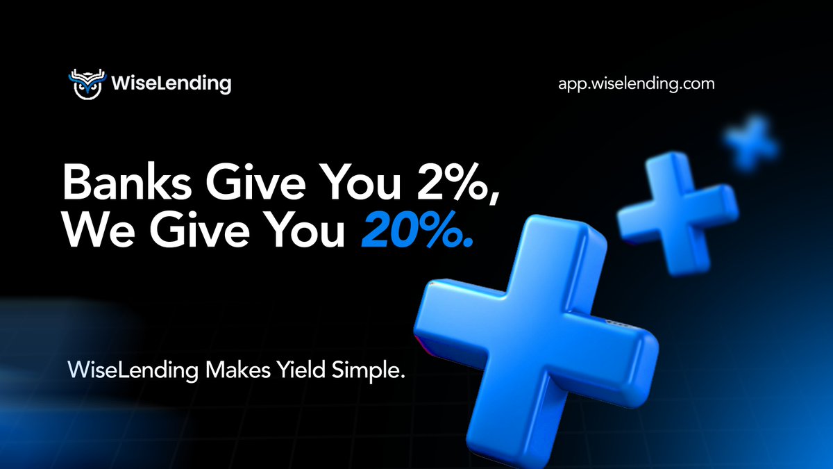 WISE_Token's tweet photo. Think of WiseLending like a supercharged savings account:

1. 20% fixed APY
2. RWAs powering the yield
3. You can withdraw principal for flexibility
4. Live on Ethereum and Arbitrum
5. You can start with any amount

Except your bank could never.

Start compounding today → https://t.co/zKSNQ7JbCH