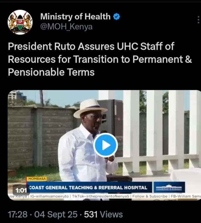 #ThankYouMrPresident <a href="/WilliamsRuto/">William Samoei Ruto, PhD</a>  for granting  #UHCstaffPNP this Sep 2025. 
<a href="/UHCWorkers_KE/">UHC Kenya Workers Official</a> <a href="/MOH_Kenya/">Ministry of Health</a> <a href="/KenyaGovernors/">Council of Governors</a> <a href="/Muthomi_Njuki/">H.E Muthomi Njuki</a> <a href="/fnoluga/">Dr. Ouma Oluga, OGW</a> <a href="/HonAdenDuale/">Hon. Aden Duale, EGH</a> <a href="/psmuthoni/">Mary Muthoni Muriuki, CBS, HSC</a> 
The UHC staff have suffered for so long. We are c that the payslip will change to reflect this