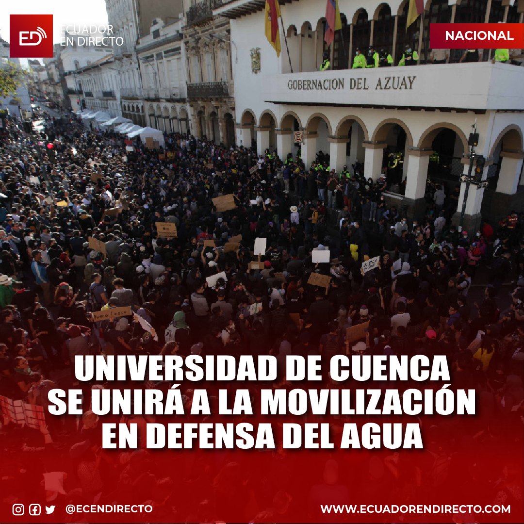 #NACIONAL
La Universidad de Cuenca, bajo la dirección de la rectora María Augusta Hermida, se unirá a la movilización en defensa del agua el 16 de septiembre en la Plaza de San Roque. La marcha es una muestra de rechazo al proyecto minero Loma Larga, y busca proteger las fuentes