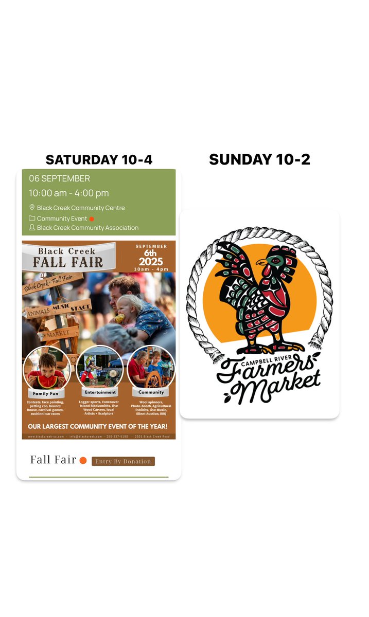 ResonatedRock's tweet image. Black Creek Fall Fair will have over 50 vendors as well as all kinds of family fun! Come check it out on Saturday and Sunday I will be at Campbell River Farmers market &amp;amp; Arts Faire!