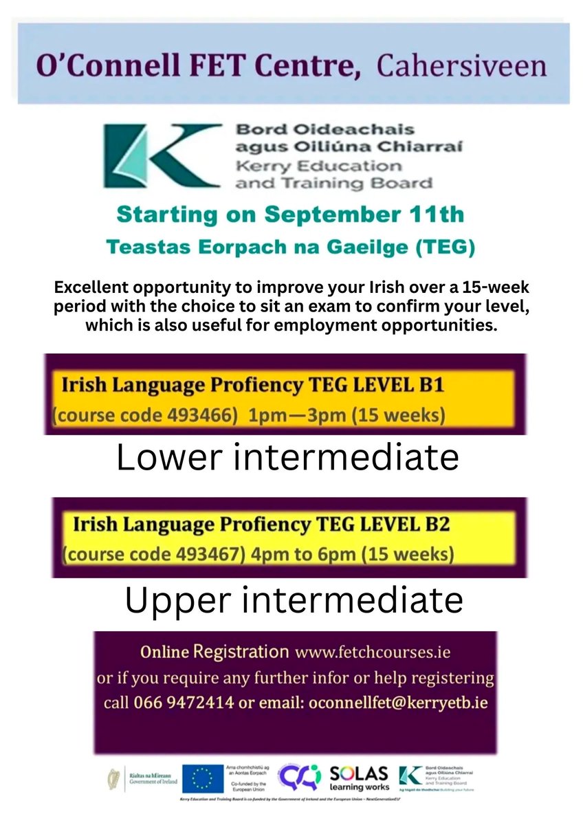 BriUibh's tweet image. Foghlaim Gaeilge in Ionad Uí Chonaill i gCathair Saidhbhín!
Learn Irish with in the O'Connell centre in Cathair Saidhbhín!
B1: fetchcourses.ie/course/finder?…
B2:
fetchcourses.ie/course/finder?…
@normamoriarty @IveraghTaskForc