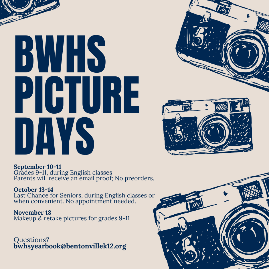 Smile! Yearbook photos for grades 9-11 are September 10-11. Students will take their picture during their English class. Any senior who has not taken their yearbook photo may do so on October 13-14; no appointment is needed. Retakes for grades 9-11 are on November 18.