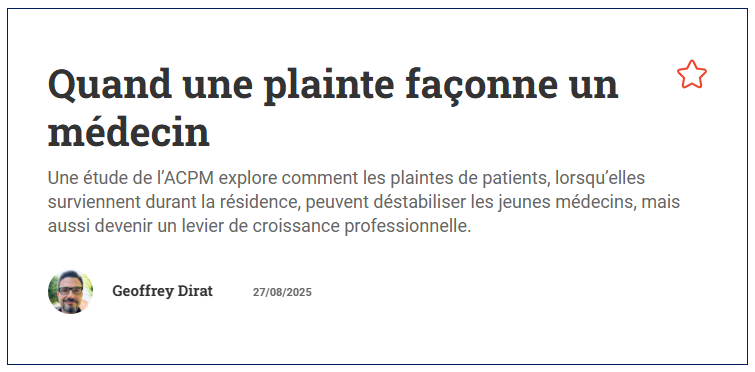 CMPAmembers's tweet photo. An important read:
#CMPAResearch on patient complaints during residency is featured in @ProfessionSante.

CMPA’s Dr. Catherine Pound discusses:
🔹The emotional impact of a complaint
 🔹Communication & documentation
 🔹Professional growth

Read (in French & gated): https://t.co/TIdGl5mNA2

#PGME #MedEd