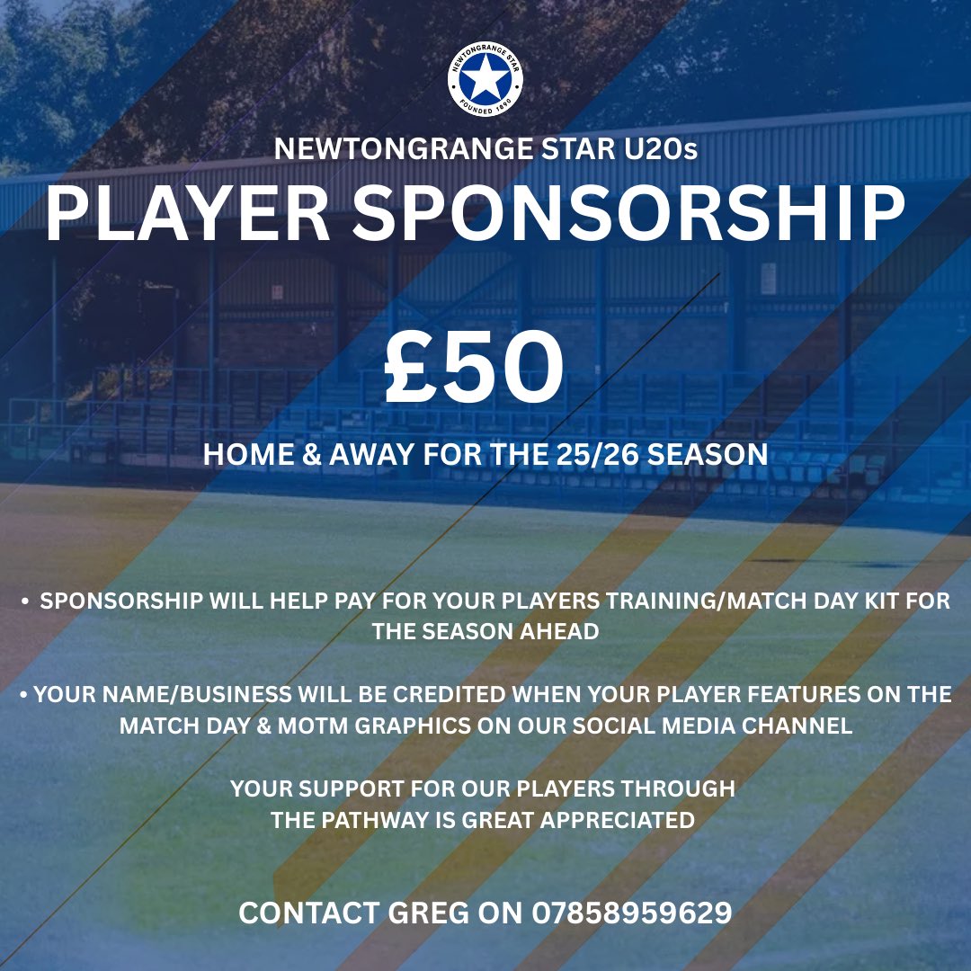 || U20s PLAYER SPONSORSHIP⭐️

Individual player sponsorships are now available for the season ahead! 

If you would like to sponsor a player, please message us direct now.

Thank you.