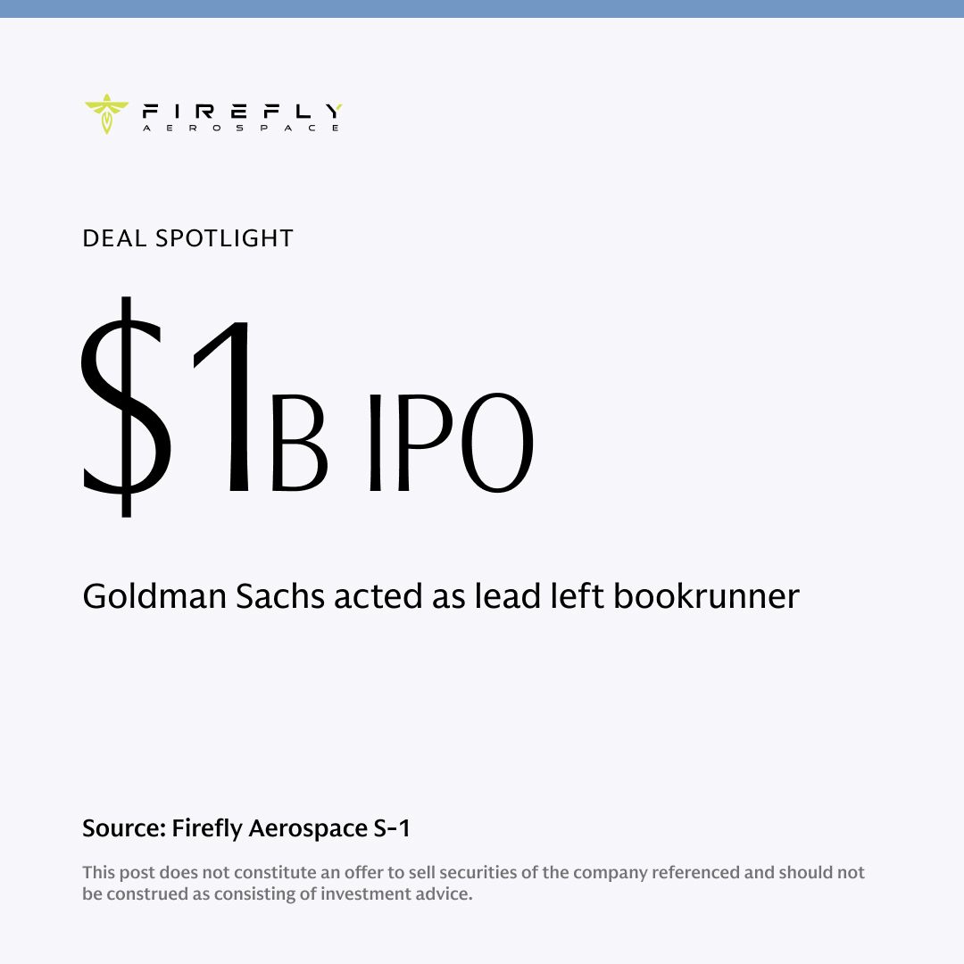 Goldman Sachs (@goldmansachs) on Twitter photo On August 6, Firefly Aerospace (<a href="/Firefly_Space/">Firefly Aerospace</a> $FLY) successfully priced its $1B IPO—representing the largest-ever space & defense technology IPO. Goldman Sachs served as lead left bookrunner. On August 6, Firefly Aerospace (<a href="/Firefly_Space/">Firefly Aerospace</a> $FLY) successfully priced its $1B IPO—representing the largest-ever space & defense technology IPO. Goldman Sachs served as lead left bookrunner.
