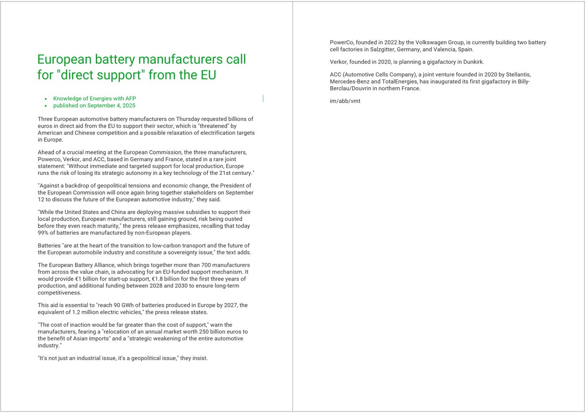 Europe/
European battery manufacturers call for "direct support" from the EU
Three European automotive battery manufacturers on Thursday requested billions of euros in direct aid from the EU to support their sector, which is "threatened" by American and Chinese competition.