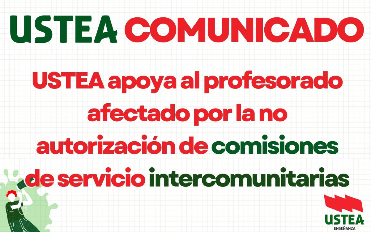 USTEA APOYA AL PROFESORADO AFECTADO POR LA NO AUTORIZACIÓN DE COMISIONES DE SERVICIO INTERCOMUNITARIAS

Toda la información👉 educacion.ustea.org/ustea-apoya-al…

#AumentoPlantillasDocentes #USTEAdaLaCara  #AFÍLIATEaUSTEA #CuidamosLaPública #LaEscuelaQueQueremos