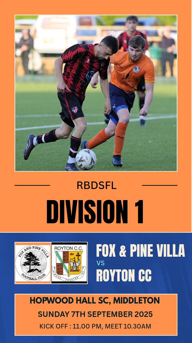 Fox & Pine Villa FC (@foxandpinefc) on Twitter photo We start another season representing the amazing <a href="/FoxandP/">FoxandPine</a> in Oldham town centre this Sunday. Back in the top division we take on our old local rivals <a href="/RoytonCCFC/">Royton CCFC</a> in what promises to be a tough local derby for us to open our season with! <a href="/RBDSFLOfficial/">RBDSFL</a>. We start another season representing the amazing <a href="/FoxandP/">FoxandPine</a> in Oldham town centre this Sunday. Back in the top division we take on our old local rivals <a href="/RoytonCCFC/">Royton CCFC</a> in what promises to be a tough local derby for us to open our season with! <a href="/RBDSFLOfficial/">RBDSFL</a>.