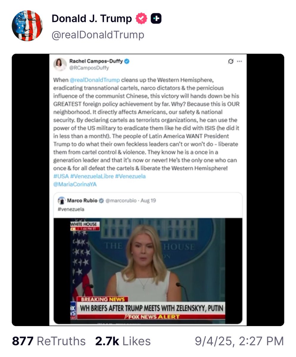 🚨 ¡ÚLTIMA HORA VENEZUELA! 🚨🇻🇪

LO ÚLTIMO 🚨 El presidente Donald Trump acaba de compartir un mensaje en donde se pide erradicar a los narco dictadores de la región y con un mensaje final pidiendo una Venezuela Libre.