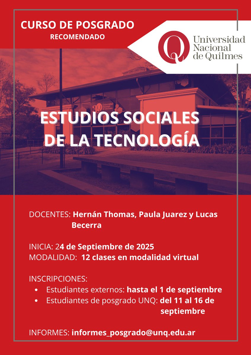 [FORMACIÓN]
#abiertainscripcion
Curso de posgrado 
ESTUDIOS SOCIALES DE LA TECNOLOGÍA 

💻Modalidad virtual
✅Inicia 24 de septiembre.

📍Para más info, consultar con Secretaria de Posgrado de la Universidad Nacional de Quilmes.