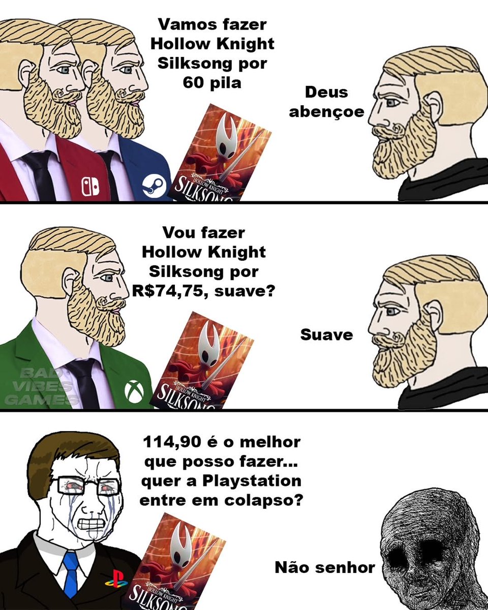 RegisPessolano's tweet photo. Sony foi o meme do dia com o preço do Silksong no Playstation.

Quem imaginaria que eles venderiam mais caro que a Nintendo? https://t.co/FYGecy8KgA