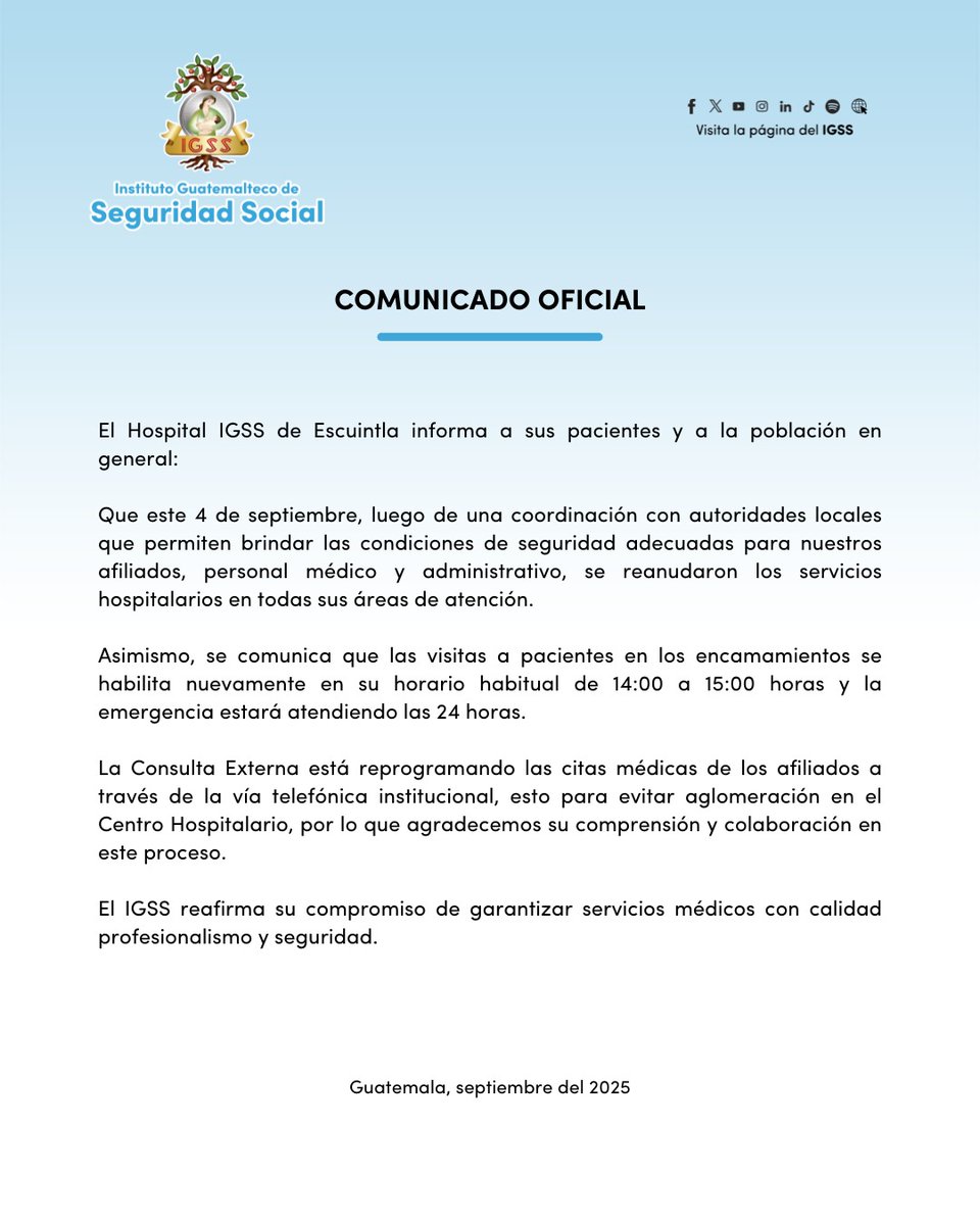 IGSS_gt's tweet photo. #ComunicadoIGSS | El Hospital IGSS de Escuintla informa a sus pacientes y la población en general: https://t.co/PFcUCLO0Fc