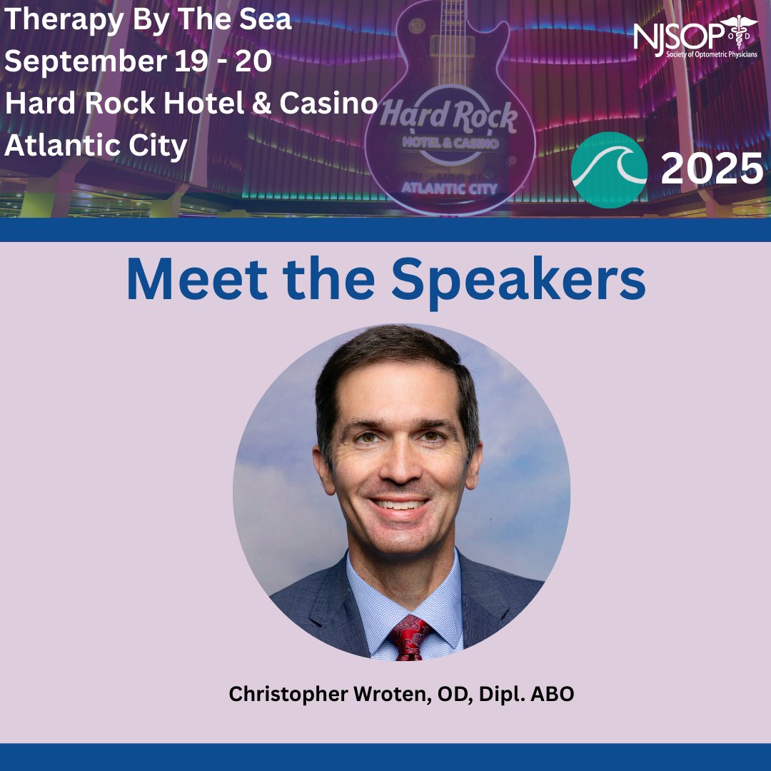 NJeyedocs's tweet image. Don’t miss Dr. Christopher Wroten at #TherapyByTheSea. An internationally recognized lecturer and recipient of multiple professional awards, Dr. Wroten brings decades of experience in eye care and leadership. Hear his insights at the event!  
bit.ly/4oAnpHI

#NJSOP
