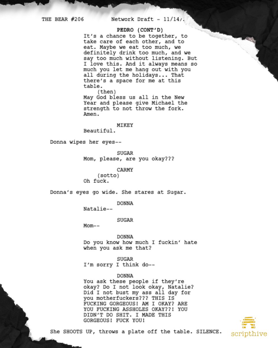 scripthive's tweet image. YES CHEF 👨🍳⏲️🐟
You can read “FISHES” 2x06 of THE BEAR on The Script Hive Database! Tensions rise and so will your anxiety! 🔥
What major moment happens right after this scene from the icon herself Jamie Lee Curtis? Let us know in the comments what you think ⬇️ #TheBear