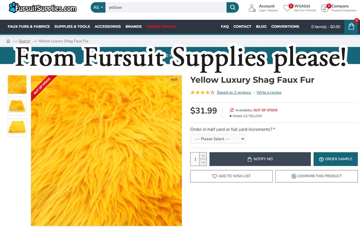 Looking for these furs!
I'll take whatever amount I can get :D 
Baby Blue from Fursuit Supplies
Yellow from Fursuit Supplies
Saddle (new formula) from BigZFabrics