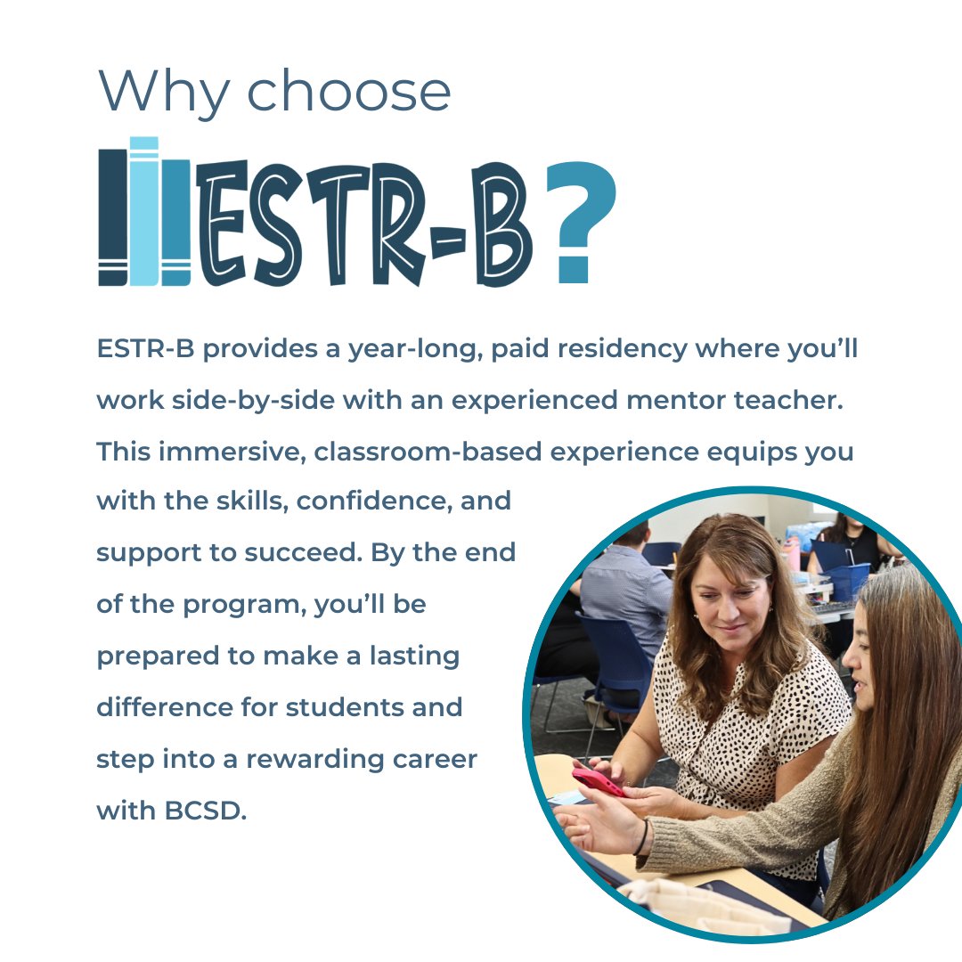 ESTRB_BCSD's tweet photo. Why choose ESTR-B? Feel prepared and ready to succeed as a Special Education teacher through a paid year-long classroom based mentorship. Email cisnerosk@bcsd.com or call (661) 631-4685 for more information!#TeamBCSD #TeamNTD #CSUB #csubted #csubedsp https://t.co/evzINJejje