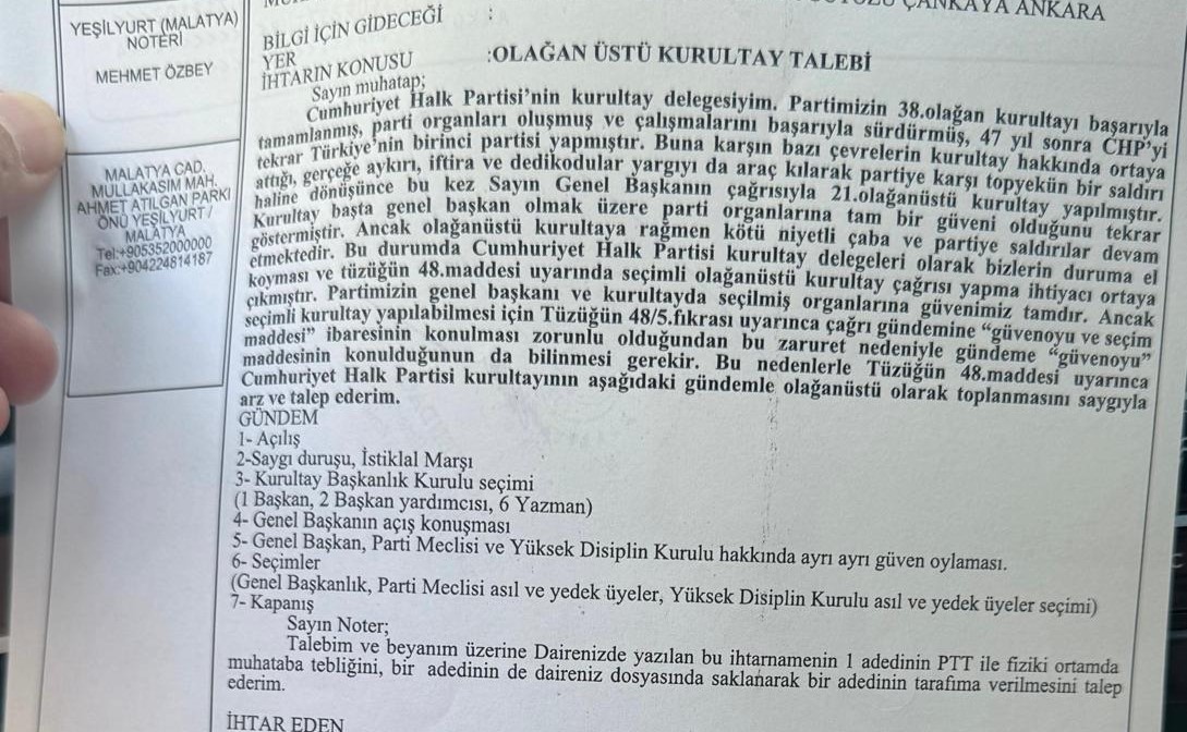 CHP Genel Merkezi'nde şaibeli kurultay ile koltuk elde edenler, suçlarının cezasını çekme emareleri kuvvetlendikçe ve şaibeli kurultayın iptal edilmesi kuvvetli bir ihtimal haline gelince, şaşkınlık içinde yeni bir köylü kurnazlığı daha yapmaya yeltendiler.
 CHP 38. kurultay