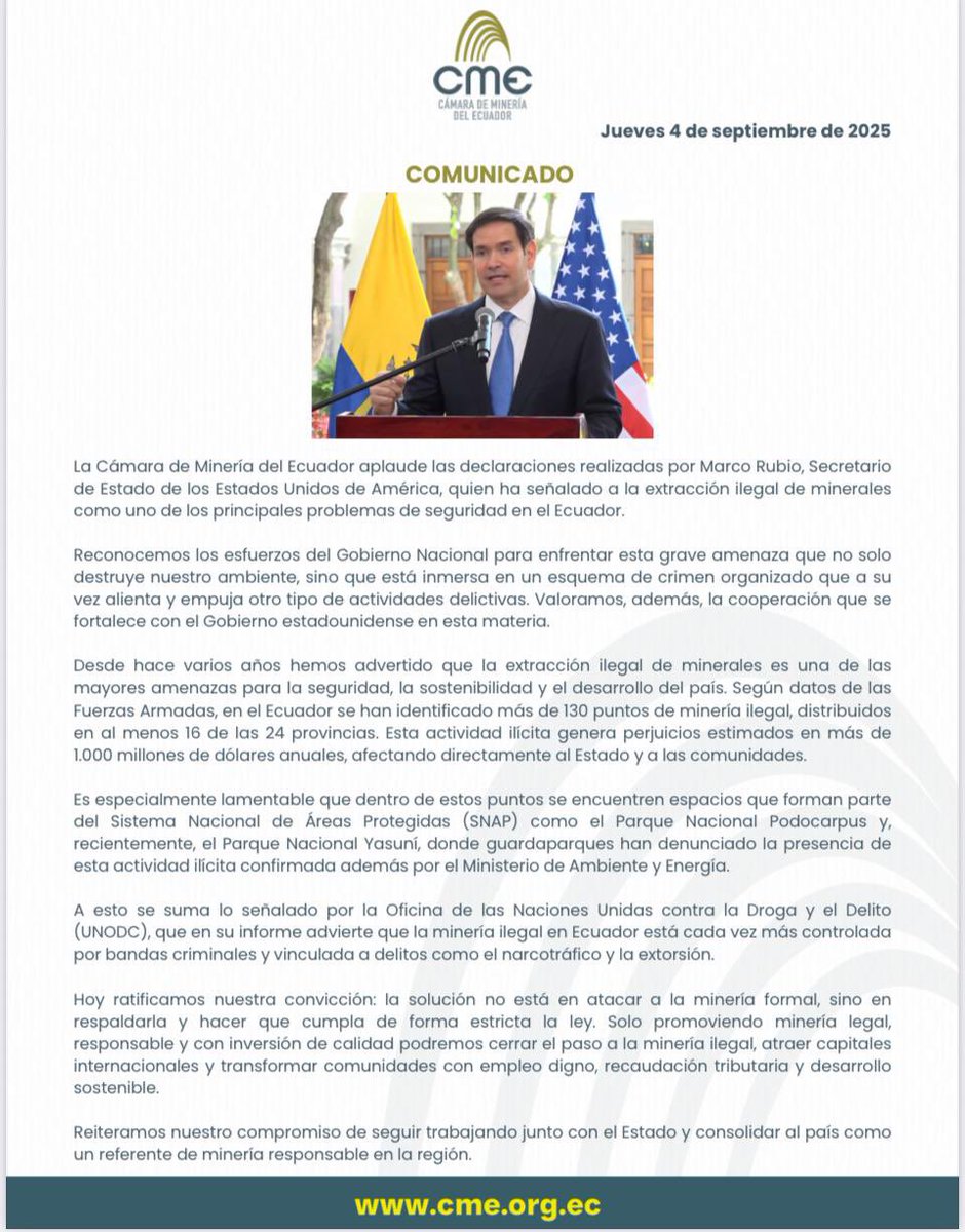 La minería ilegal es una amenaza para la seguridad del país ha señalado Marco Rubio sobre este delicado tema…
Qué dijo la Cámara de la Minería del Ecuador?
Aquí el COMUNICADO