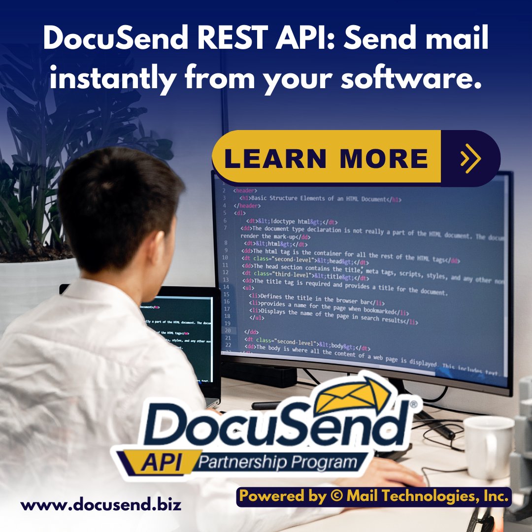 Help your users skip the manual mailing hassle. DocuSend’s REST API integrates seamlessly with your software, letting them send USPS mail instantly: no printer, no envelope, no stress. Discover the benefits here.🔎 docusend.biz/api-mail-solut…
