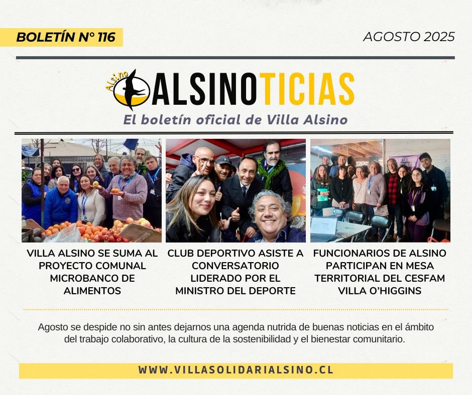 📰 Boletín N°116 con todo lo mejor de agosto… trabajo comunitario, sostenibilidad y deporte, son algunos de los ingredientes de lo que estamos forjando para este segundo semestre 😉

Puedes revisarlo completo en nuestro sitio web 🔗 villasolidarialsino.cl