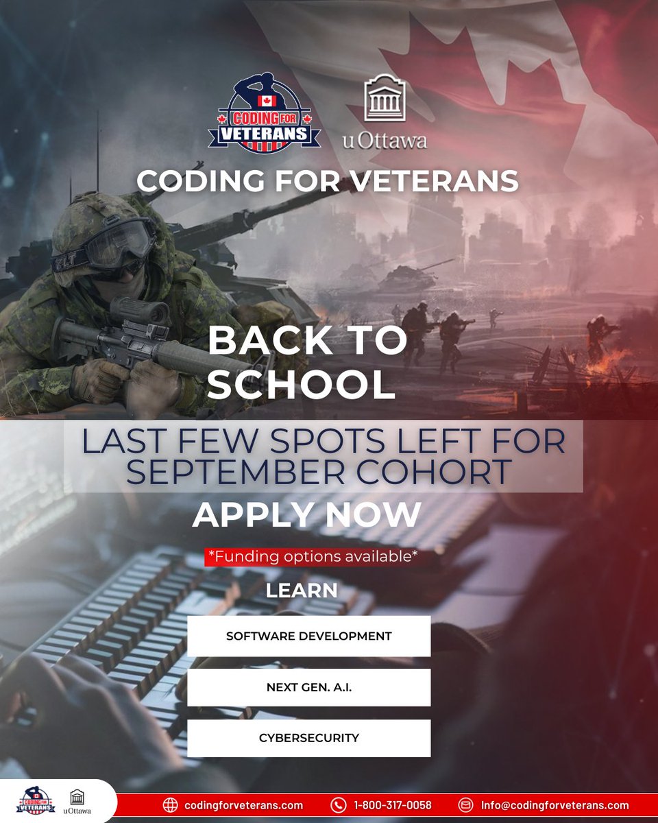 Coding4Veterans's tweet image. Back-to-School Season is here!
Our September Cohort starts soon, applications close tomorrow!
Don’t miss your chance to retrain for a future in software development, cybersecurity, or next-gen AI with Coding for Veterans.