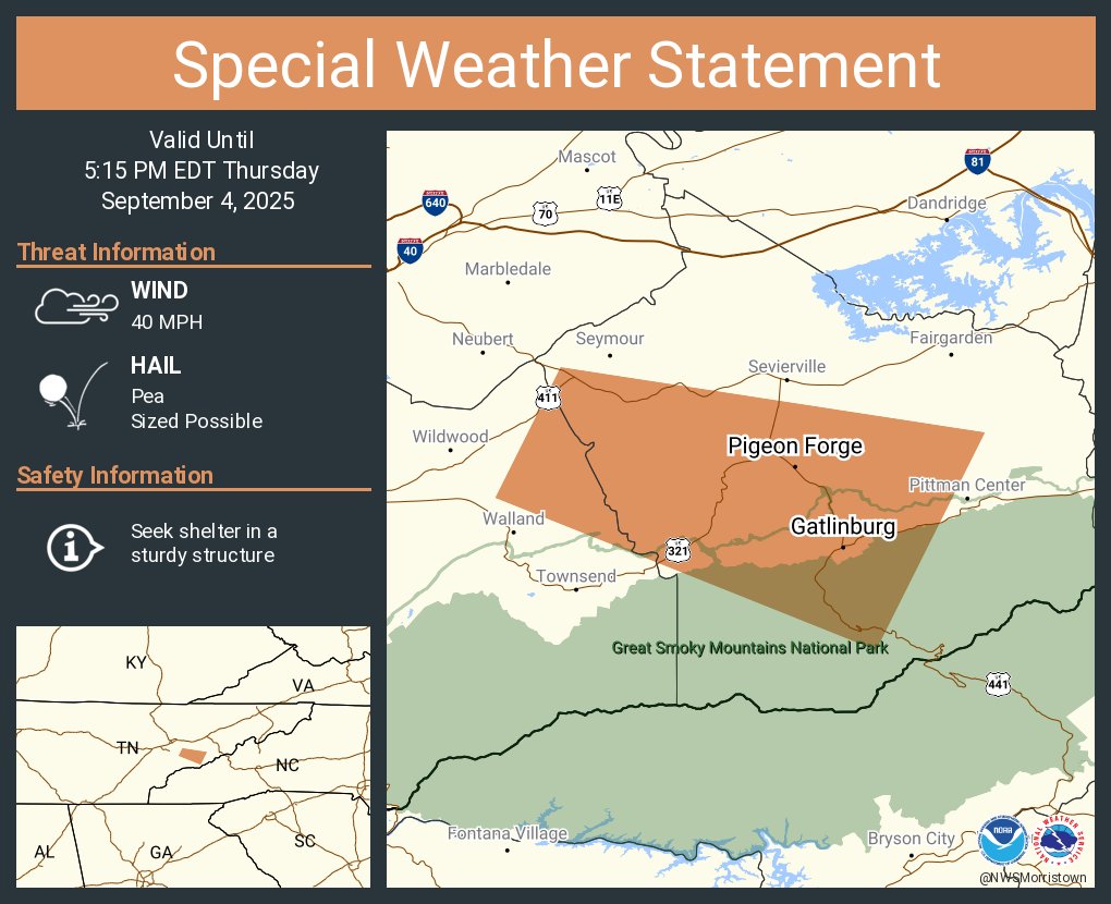 NWSMorristown's tweet photo. A special weather statement has been issued for Pigeon Forge TN and  Gatlinburg TN until 5:15 PM EDT https://t.co/jBgrc5suNn