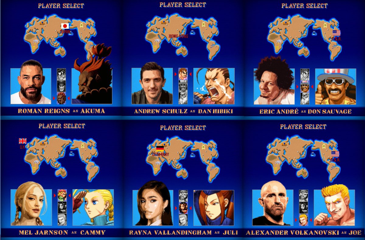 CinemaWireNews's tweet photo. The cast of the live-action ‘STREET FIGHTER’ movie:

• Andrew Koji as Ryu
• Noah Centineo as Ken
• Callina Liang as Chun-Li
• Cody Rhodes as Guile
• Orville Peck as Vega
• 50 Cent as Balrog
• Jason Momoa as Blanka 
• Vidyut Jammwal as Dhalism
• Oliver Richters as Zangief
• Hirooki Goto as E. Honda
• David Dastmalchian as M. Bison
• Roman Reigns as Akuma 
• Andrew Schulz as Dan Hibiki
• Eric André as Don Sauvage
• Mel Jarnson as Cammy
• Rayna Vallandingham as Juli 
• Alexander Volkanovski as Joe 

In theaters on October 16, 2026.