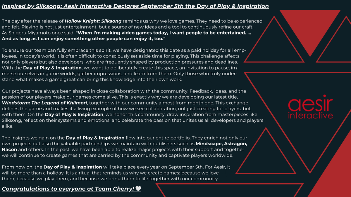 Inspired by Silksong: Aesir Interactive Declares September 5th the Day of Play &amp; Inspiration

The day after the release of Hollow Knight: Silksong reminds us why we love games. They need to be experienced and felt. Playing is not just entertainment, but a source of new ideas and