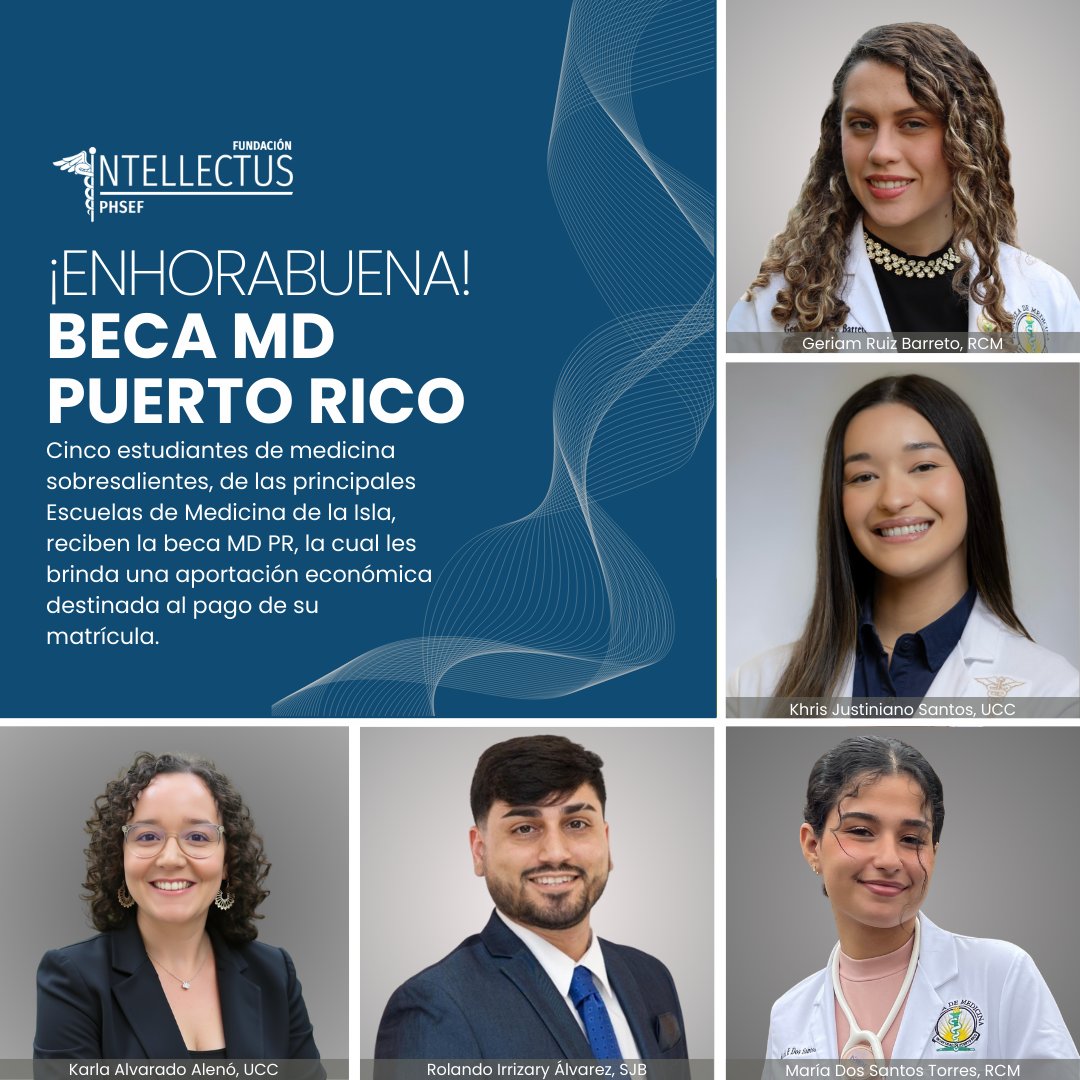 IntellectusPR's tweet image. ¡Celebramos el talento médico de Puerto Rico!
Cinco estudiantes sobresalientes de las principales Escuelas de Medicina de la Isla han sido seleccionados para recibir la Beca MD Puerto Rico.  Ellos representan el compromiso, esfuerzo y pasión de una nueva generación de médicos.